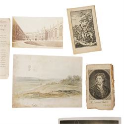 Collection of paper and photographic ephemera, to include a 19th century watercolour of a balloon flying 'near Dieppe', collection of engravings after William Hogarth, hand-coloured engraving of the Chateau de Verneuil and its garden design, etc 