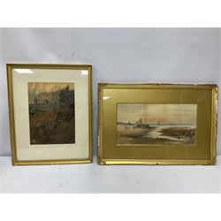 Two small 19th century watercolours of Scarborough, H Bennett 1906 coastal w/c in gilt frame, and six further watercolours (9)