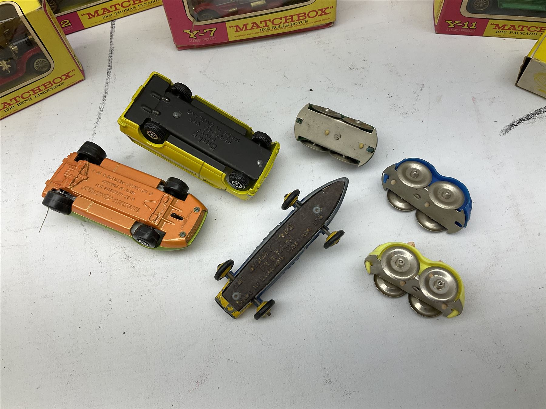 Matchbox - Collector's Mini-Case with twenty-three playworn models; five MOY models Y-3, Y-7, Y-11, Y-12 & Y-13; K101 Battle Kings Sherman Tank; K-15 Super Kings Jubilee Bus; all boxed; two blister packed Jubilee Buses; three 1970s Matchbox catalogues; Dinky Ferrari racing car; and other items