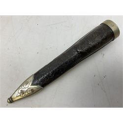 Norwegian staksniv hunting knife with 10cm single-edged steel blade in tooled leather sheath with nickel mounts L23cm overall