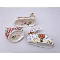  Three Royal Crown Derby paperweights: Llama designed exclusively for the Royal Crown Derby Collectors Guild dated 2000, Zodiac Horse dated 1990 and Tiger Cub dated 1993, gold stoppers    