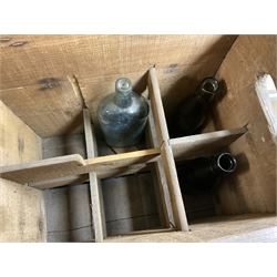 Two wicker baskets, three pine lidded bottle crates with quantity of glass bottles, comprising one with R.L. June & Co Ltd Mansfield black lettering and pair detailed Mandora Soft Drinks, Mappin & Webb blue cardboard box and framed With the Colours Punch 1924 print, larger basket W60cm