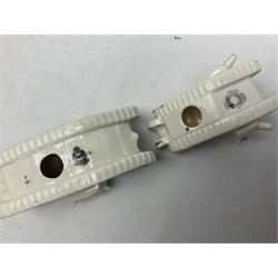 Twelve crested china models of WW1 tanks by Grafton, Arcadian and Carlton china etc with crests from Caistor Lincs, Saffron Walden, Paignton, Evesham etc  , together with a crested china model of the R.M.S Lusitania with New Brighton crest and a two-handled vase for 'The Forts Boxhill' (14)