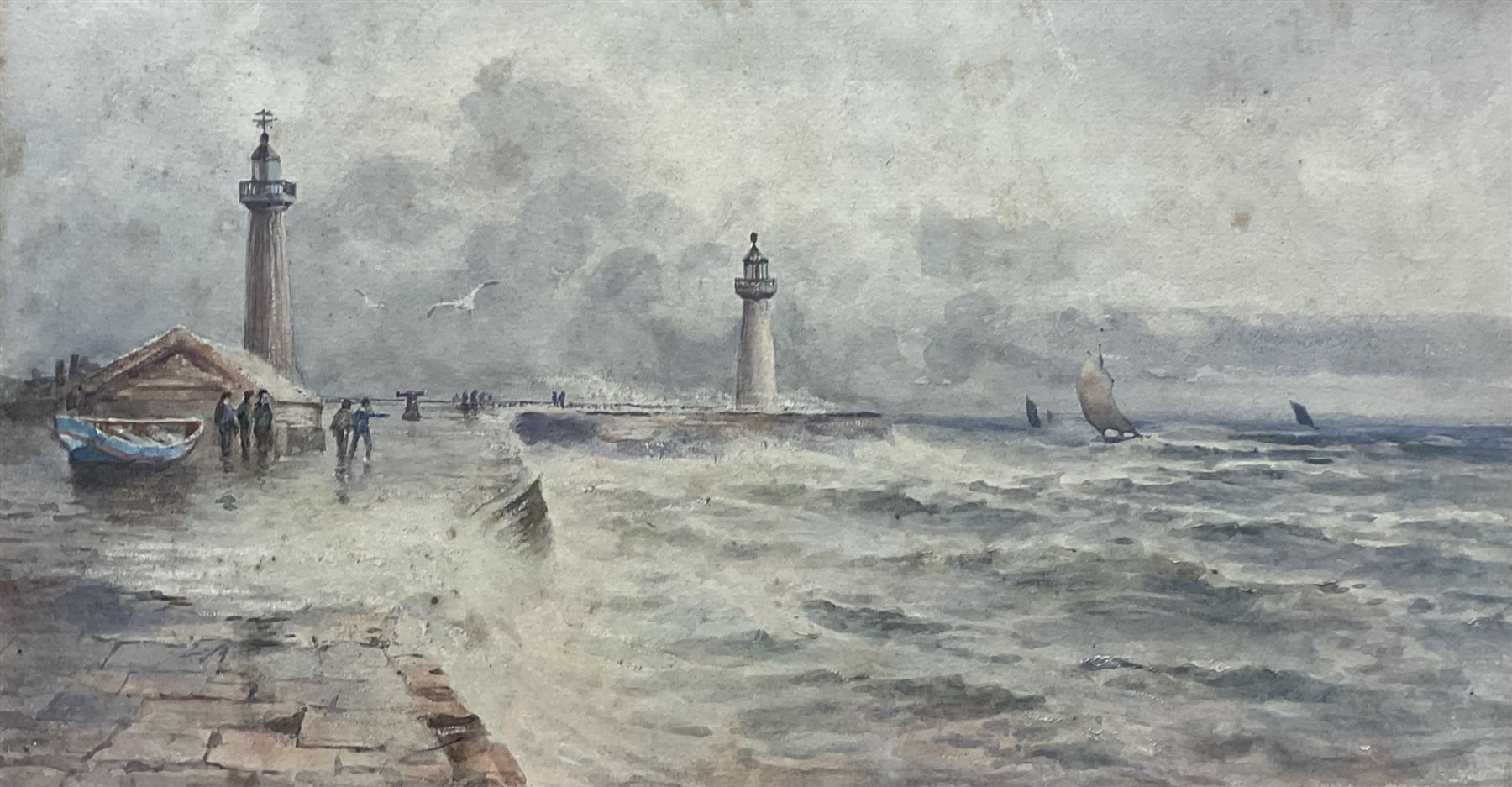 George Barker (British 1882-1965): 'Whitby Piers from the Spa Ladder', watercolour signed 17cm x 32cm 