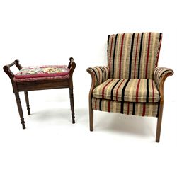 Beech framed armchair upholstered in a striped fabric, scrolling arms, tapering supports (W68cm) and a piano stool