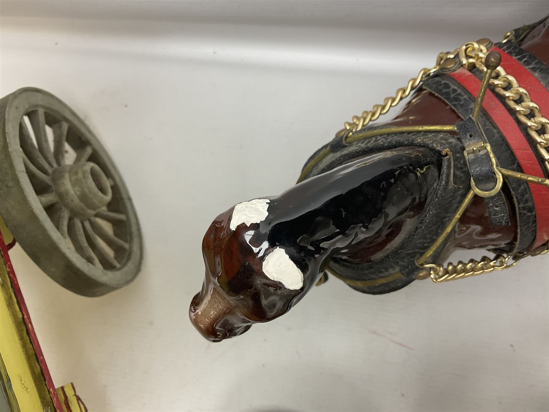 Two ceramic shire horse and gypsy caravans, together with horse brasses 