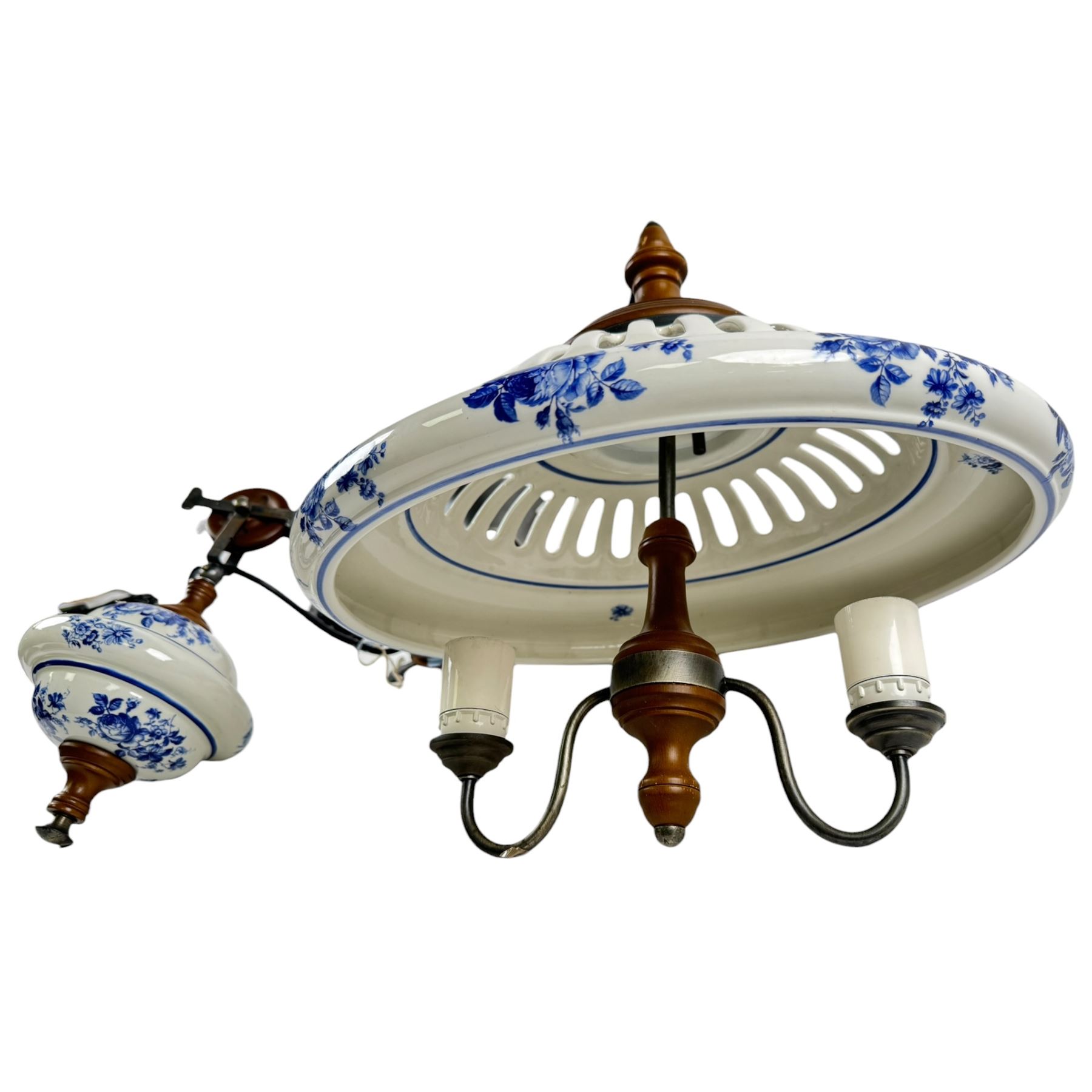 Ceramic ceiling light, with weighted pully system, the ceramic shade and weights decorated with roses