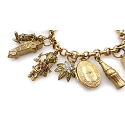 Gold belcher link bracelet with fourteen gold charms including ragdoll, clown, horse and money box, all 9ct hallmarked, tested or stamped