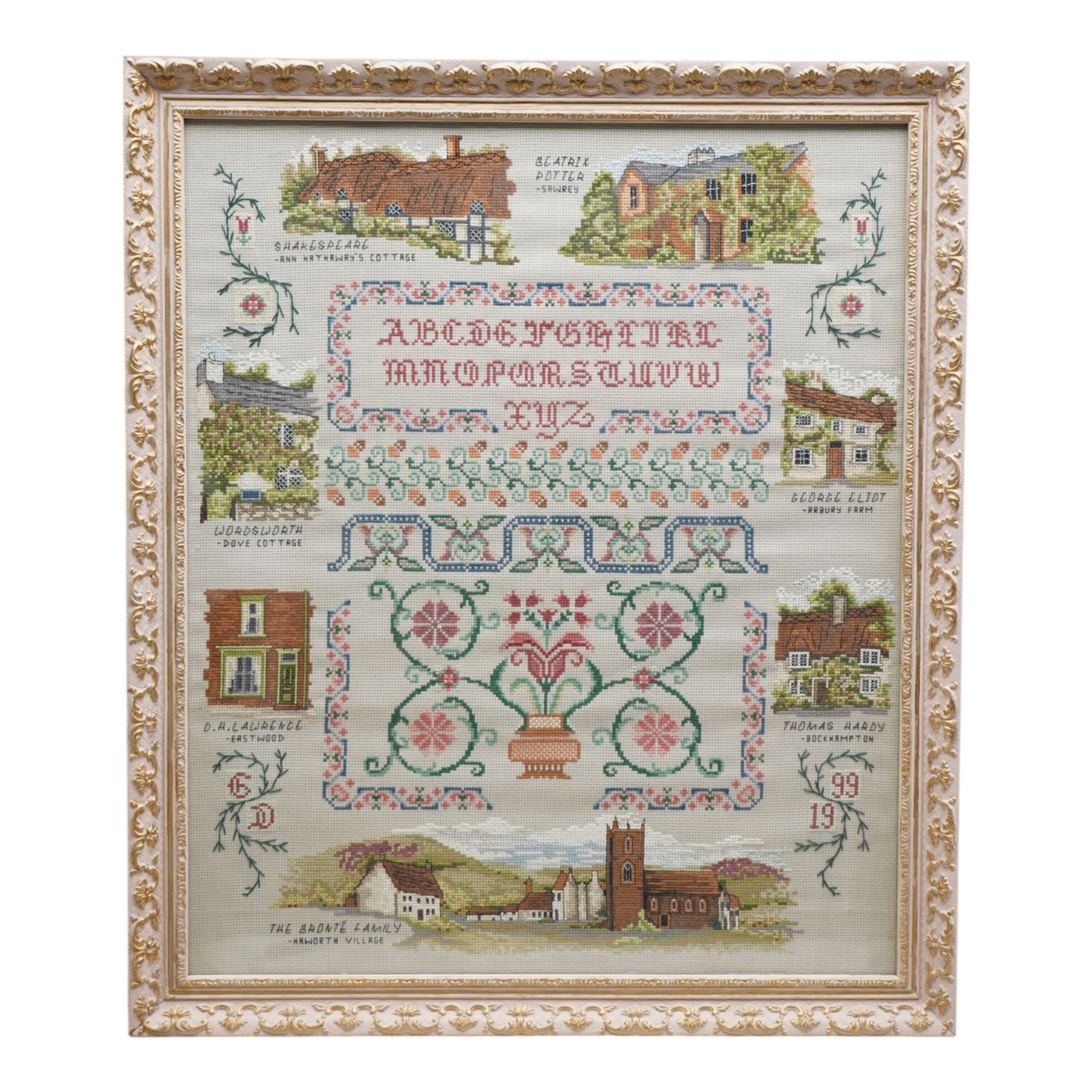 20th century needlework sampler depicting panels of famous historical author's and their houses, to include: Shakespeare, Beatrix Potter, George Eliot, Thomas Hardy, the Bronte Family, D H Lawrence and Wordsworth 54cm x 46cm