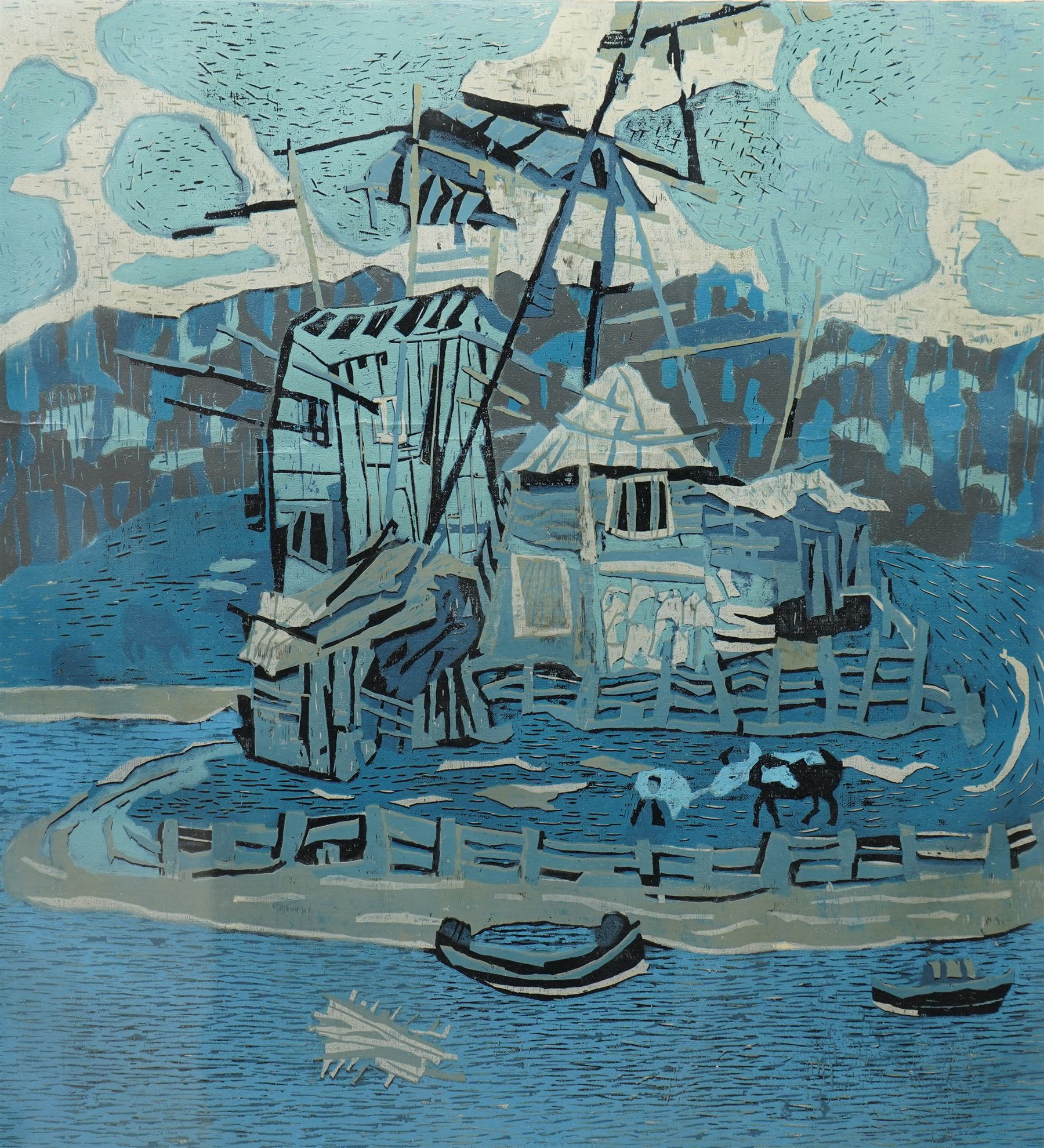 Shiwei Zhu (Chinese 20th century): 'Lakeside', limited edition colour woodblock etching signed inscribed and dated 1995 in pencil, numbered 2/6, 65cm x 60cm