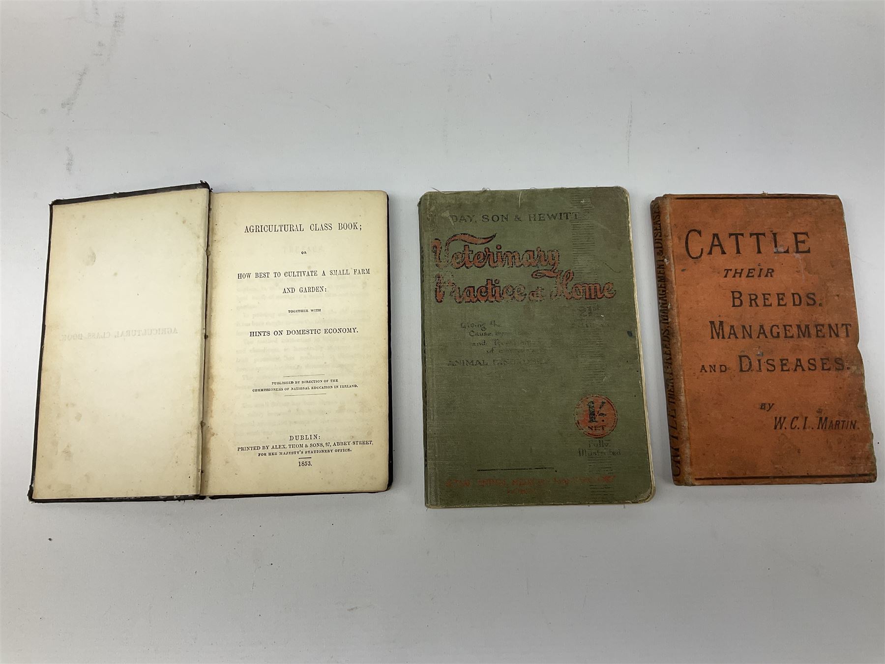 Veterinary fleams and other tools together with various veterinary books, including Hewthorn's Veterinary Guide, Farms and Farming - Vince, Veterinary Practice at Home, etc., and a collection of folding pocket knives, pen knives, hunting knife, etc.