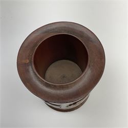 A Chinese hardwood brushpot, carved Bitong carved in relief with Water Buffalo, signed with seals and calligraphy, H14.5cm D11cm.