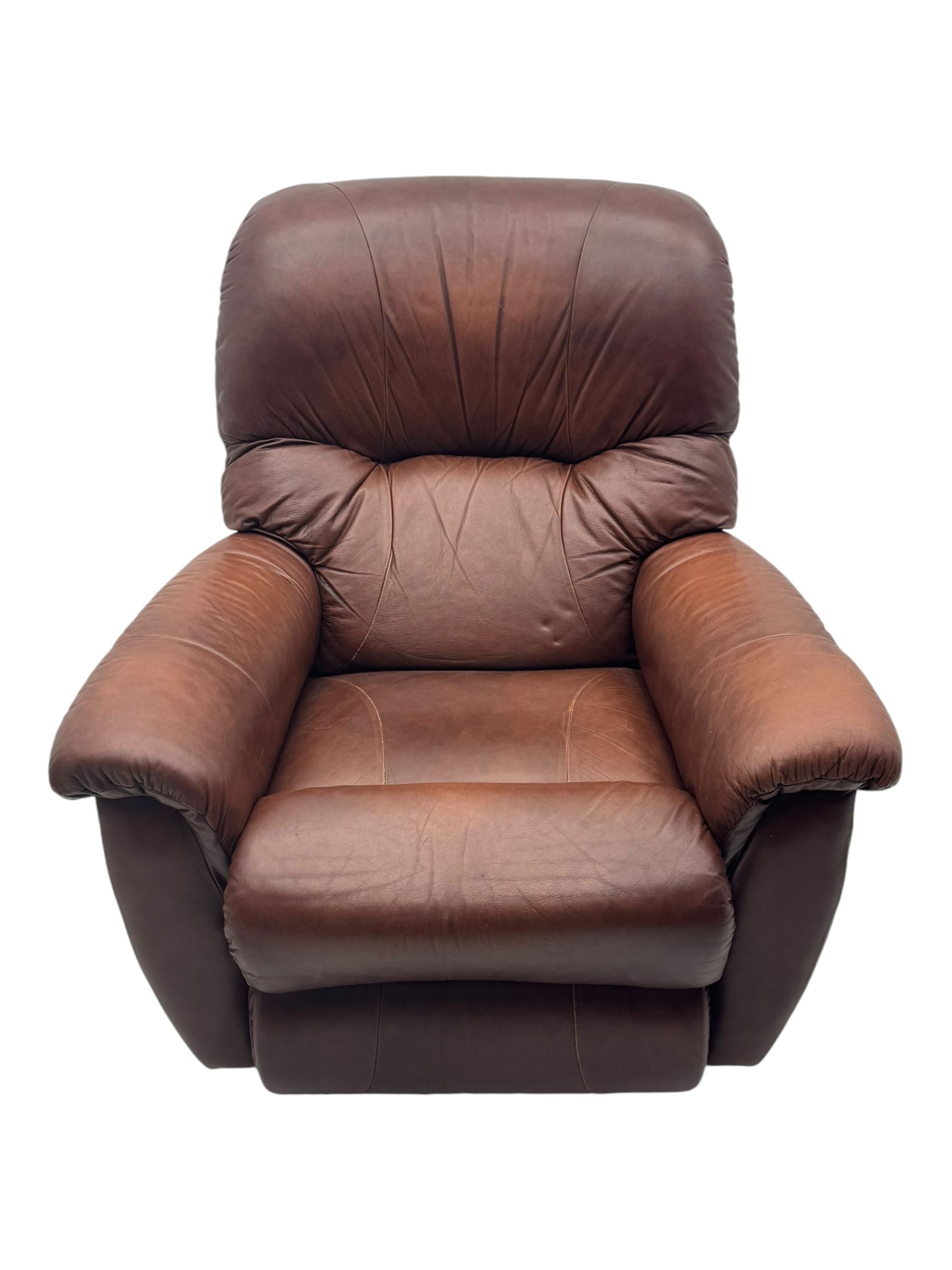 La-Z-Boy - manual reclining three piece suite - two seater sofa (W165cm, H105cm); and two armchairs (W98cm), upholstered in brown leatherette