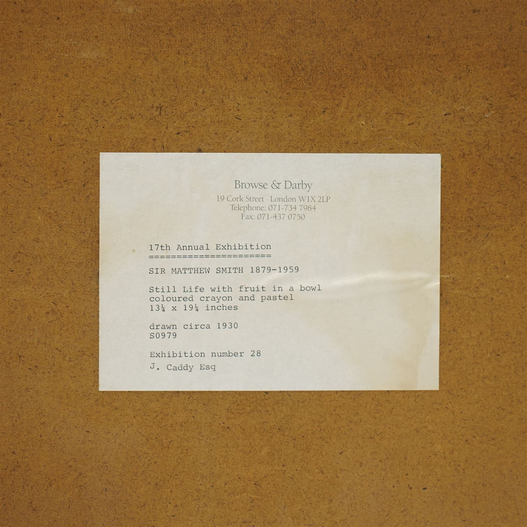 Sir Matthew Smith (British 1879-1959): 'Still Life with Fruit in a Bowl', coloured crayon and pastel unsigned, titled and dated c.1930 on gallery labels verso 34cm x 49cm
Provenance: exh. Browse & Darby, Cork Street, London