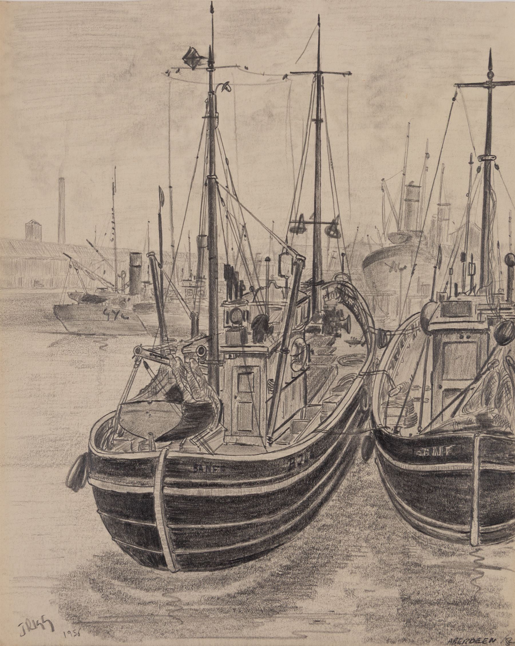 Jack Rigg (British 1927-2023): 'Aberdeen' and 'Sailing Barge Dawn - River Blackwater', one pencil and one ink sketch signed, titled and dated 1956 and 1976, max 28cm x 23cm (2) (unframed)