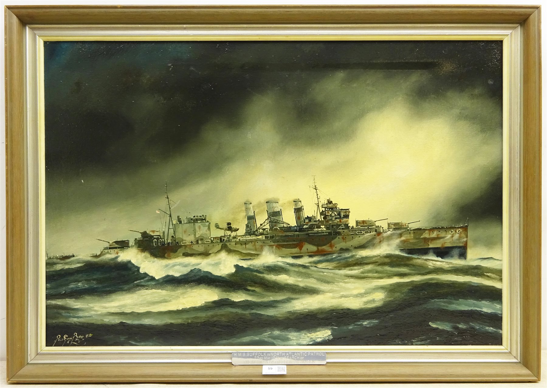  Peter Gerald Baker (British 20th century): Naval Ship's Portrait - 'HMS. Suffolk in North Atlantic Patrol 23rd May 1941 in Search of the Bismarck', oil on canvas signed, titled and dated 1979 verso 50.5cm x 75cm Provenance: with Highgate Gallery, Beverley, East Yorkshire  

