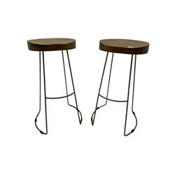 Pair of hardwood and metal bar stools, dished seat