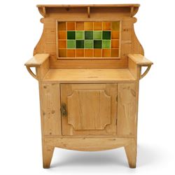 Arts & Crafts pine kitchen cabinet, raised tiled back with projecting shelf and shaped sid...