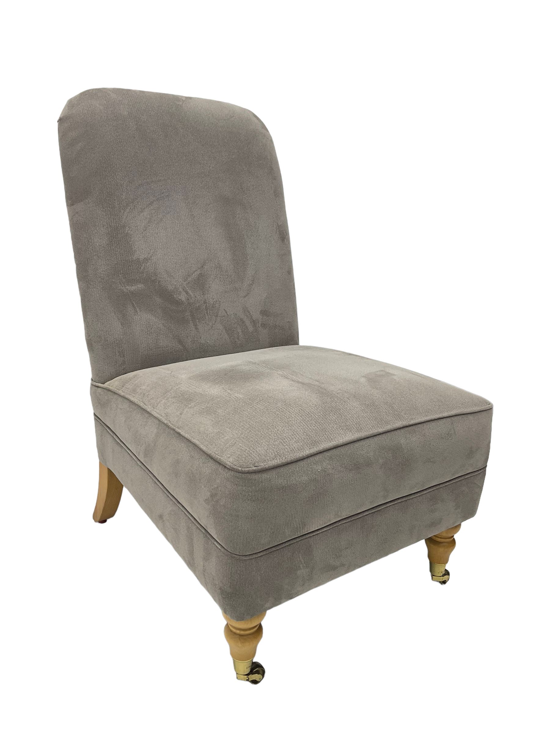 Laura Ashley - low bedroom chair upholstered in grey fabric, on tuned beech feet with castors 