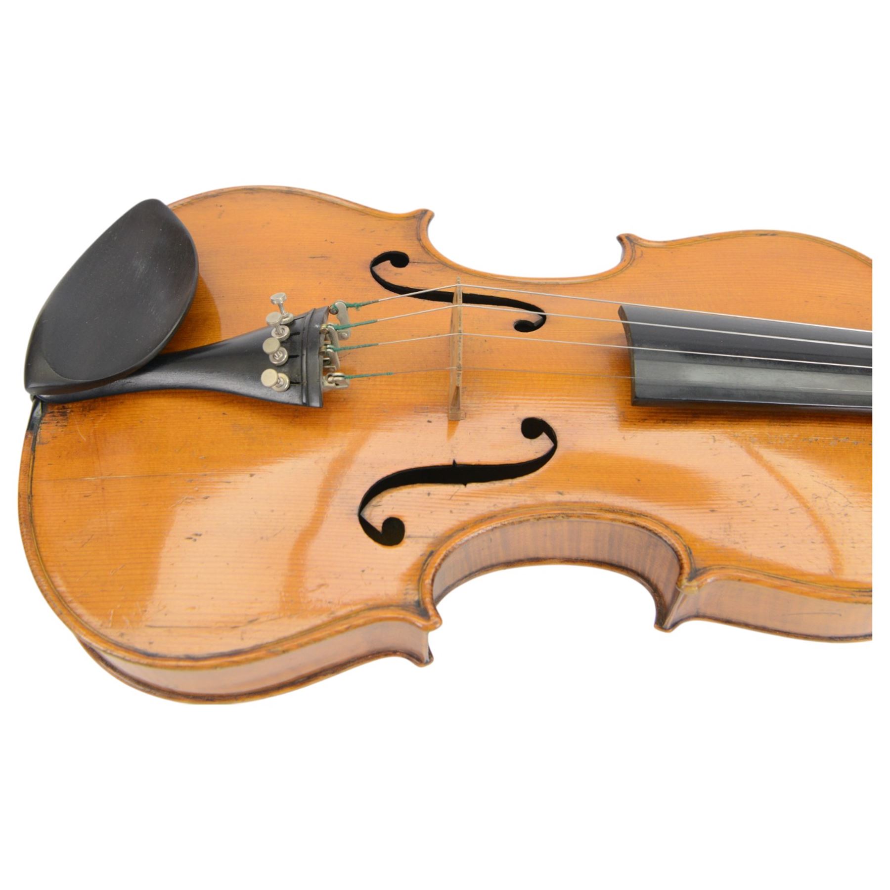 Early 20th century violin, copy of a Franciscus Gobetti, with a maple back and spruce top with ebonised fittings, in a hard velvet lined case with bow.