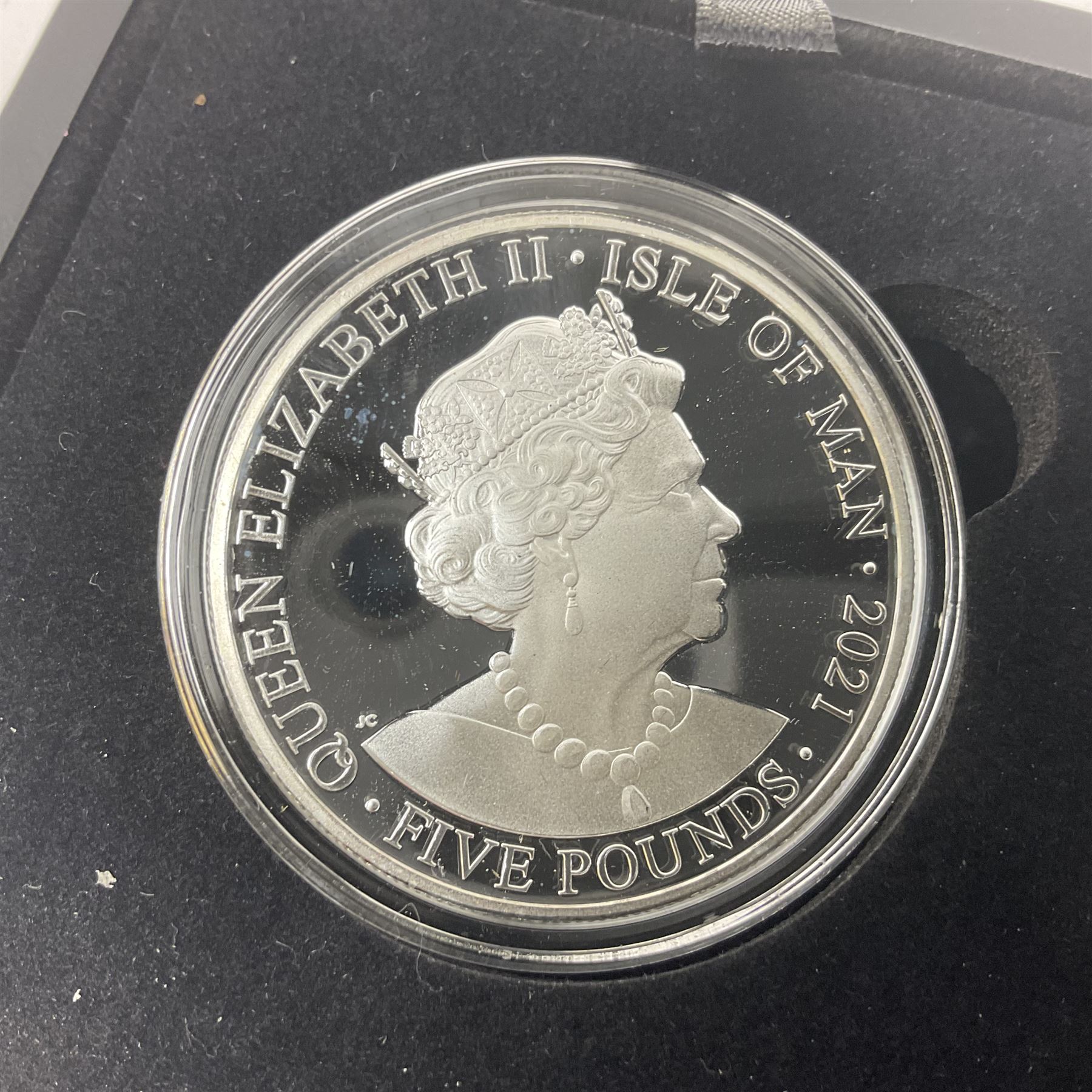 Queen Elizabeth II Channel Islands and Isle of Man silver proof five pound coins, comprising Bailiwick of Jersey 2016 'Lest we Forget', 2019 'D-Day 75th Anniversary' three coin set', Bailiwick of Guernsey 2020 'Florence Nightingale 200th Anniversary' and Isle of Man 2021 'William and Kate Wedding Anniversary', all cased with certificates