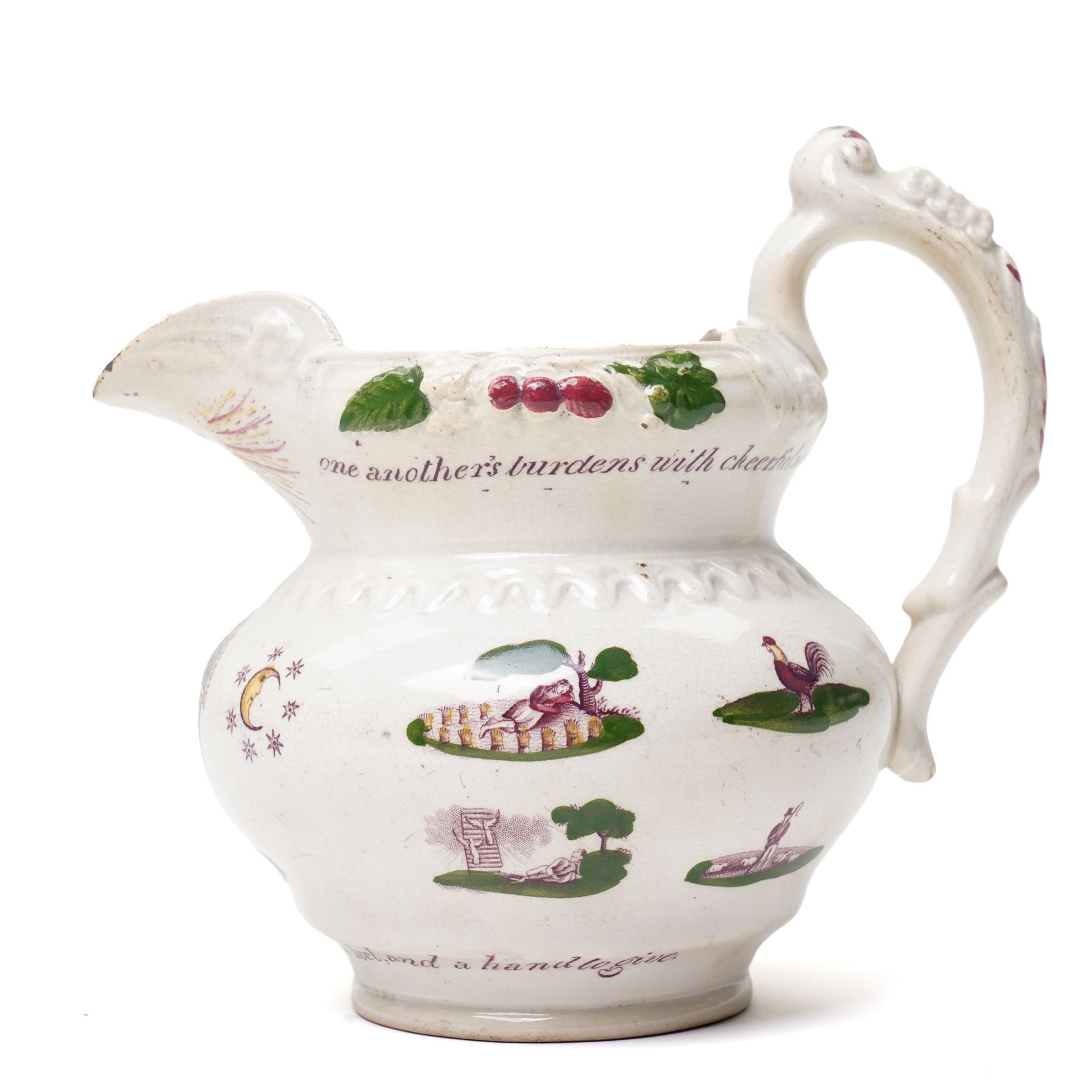 19th century Staffordshire Royal United Free Mechanics jug, with various masonic motifs, including many Biblical scenes, and slogans such as 'May every Brother have a heart to feel, and a hand to give', H16cm 