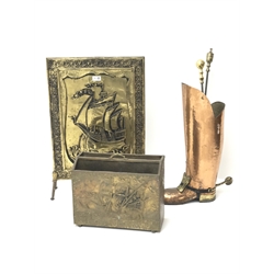  Novelty copper and brass stick/ implement stand in the form of a Military Boot marked 'Lombard England' H57cm, three brass handled fire irons, Galleon embossed fire screen and matching magazine rack   