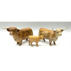 Beswick Highland family group, comprising bull model no 2008, cow model no 1740, and calf model no 1727d.