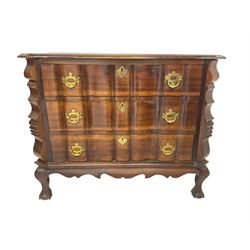 19th century Dutch serpentine chest, moulded edge, fitted with three drawers with shaped fronts and brass handle pulls, flanked by shaped uprights and panelled sides, raised on cabriole supports terminating in ball and claw feet