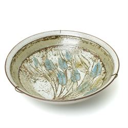 Mick Arnup (British 1925-2008): stoneware bowl, decorated in mottled glaze with abstract floral decoration, incised signature to base D37cm 