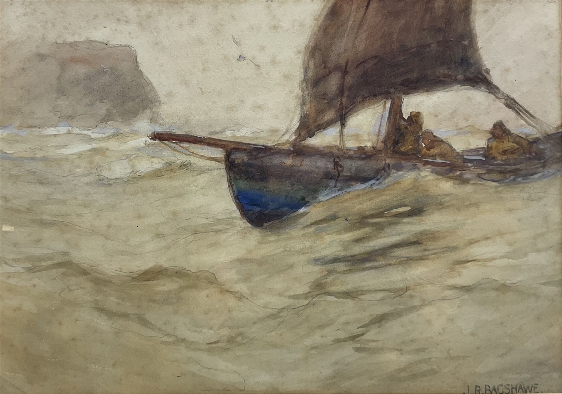 Joseph Richard Bagshawe (Staithes Group 1870-1909): Fishing Coble off Staithes, watercolour over pencil signed 25cm x 36cm 
Provenance: acquired direct from the trustees of the Bagshawe Estate when the final part of the artist's studio collection was dispersed in Whitby in the 1990s, never previously been on the open market 
