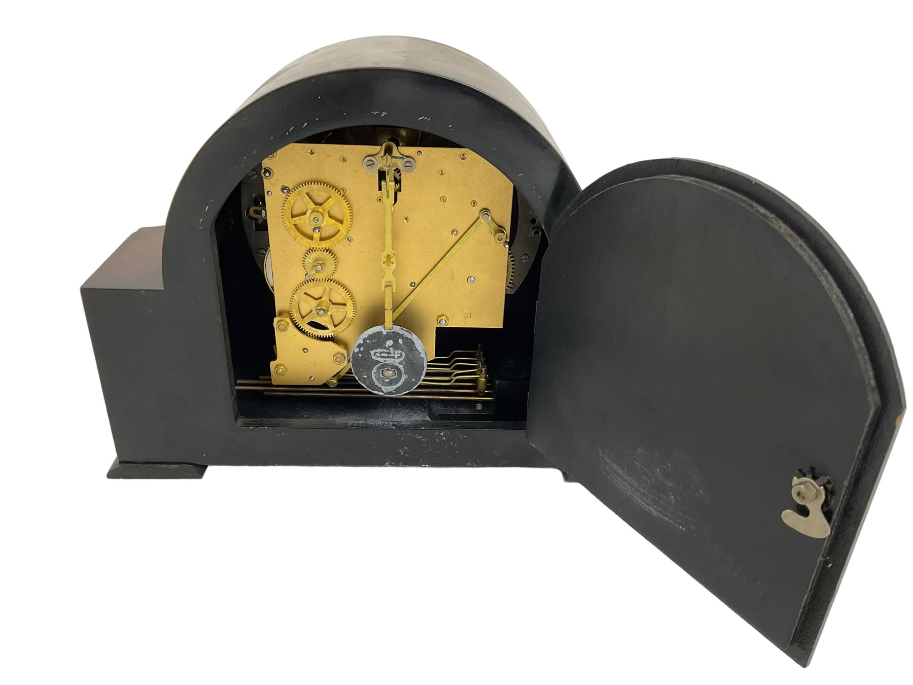 Smiths - 20th century Westminster chiming 8-day mantle clock in a mahogany case, with a chrome bezel and convex glass, conforming hands and numeral's, chime silent selection, chiming the quarters and hours on five gong rods. With pendulum and key.  