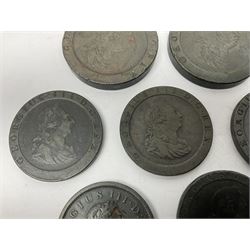 Two George III halfpenny coins dated 1799 and 1806, four pennies dated three 1806 and 1807, four 1797 cartwheel pennies and three 1797 cartwheel two pence coins