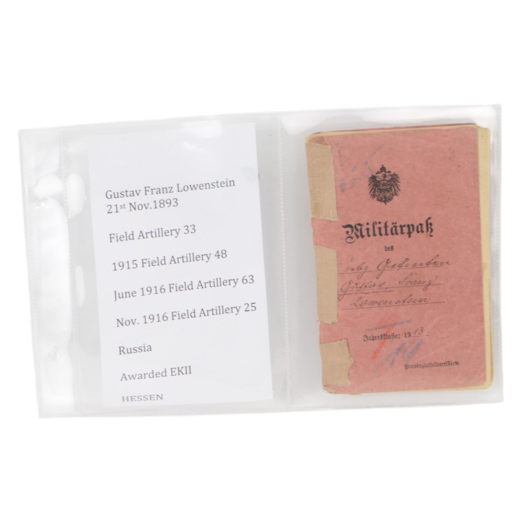 WWI German Artillery I.D book for Gustav Franzs Lowenstein, who as also awarded the EKII 2nd Class in 1916