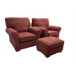 Multiyork - traditional three seat sofa upholstered in claret red fabric (W200cm H80cm); and pair matching armchairs (W103cm) 