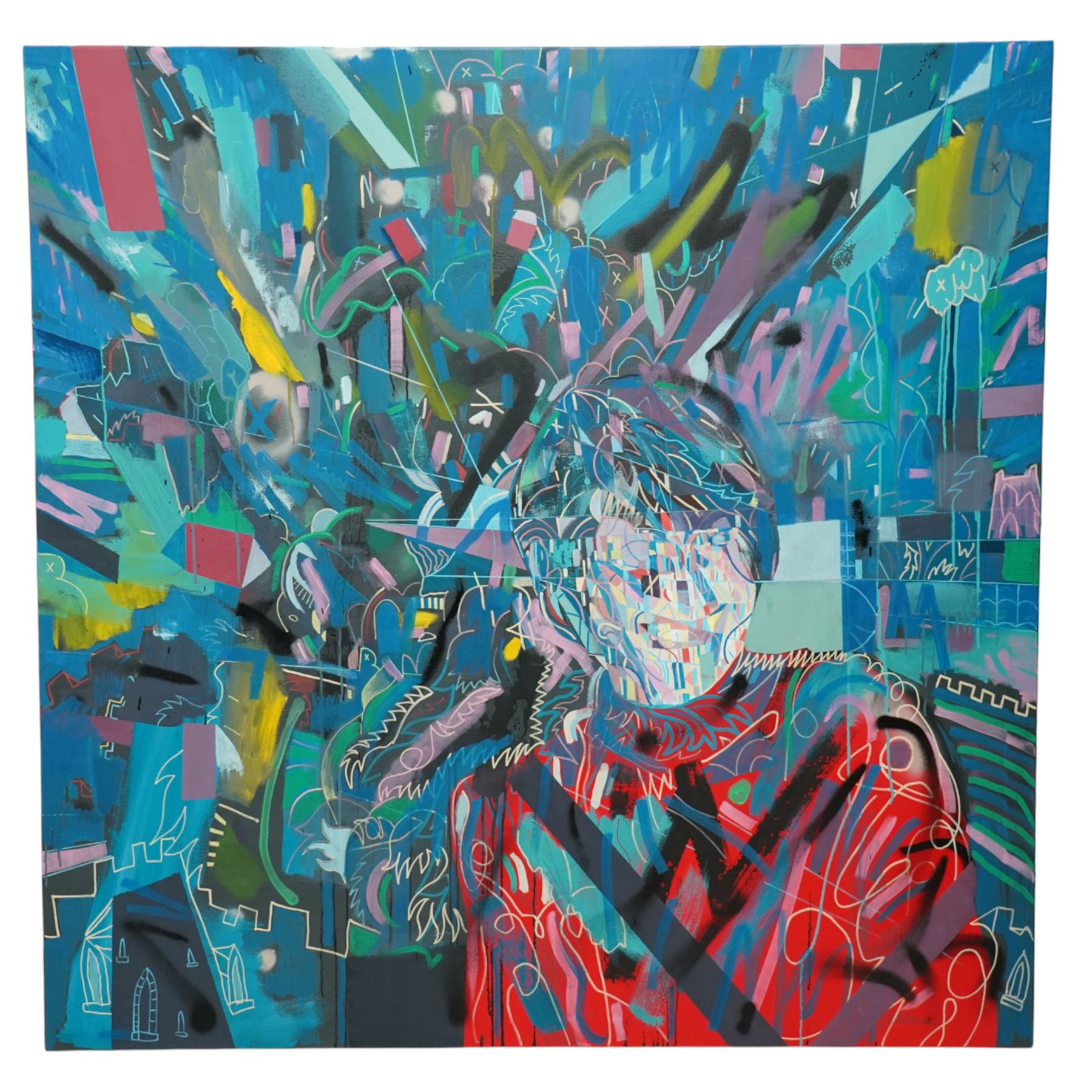 Contemporary and Street Art School (21st Century): Abstract Portraits, pair mixed medias on canvas overpainted with graffiti 140cm x 140cm