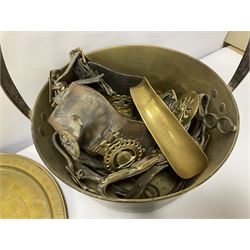 Brass jam pan, quantity of horse brasses on leather straps and loose, other metal ware and glassware etc
