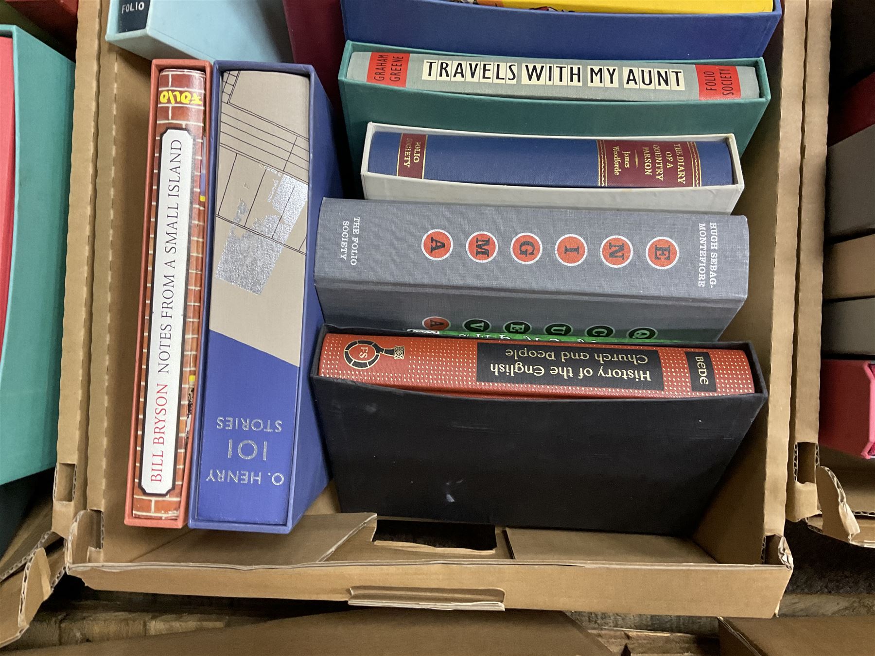 Large collection of Folio Society society books on various subjects, including Pepys Diary 1660-1669 in 3 volumes, Shakespeare eight volumes, Catherine the Great, Enigma etc, in six boxes 