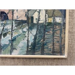 Jack C Metson (British 1905-1987): 'Breton Village', oil on board signed, artist's address label verso 20cm x 23cm