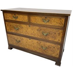 Late Victorian walnut straight-front chest, fitted with two short over two long figured drawers, on ogee rectangular feet