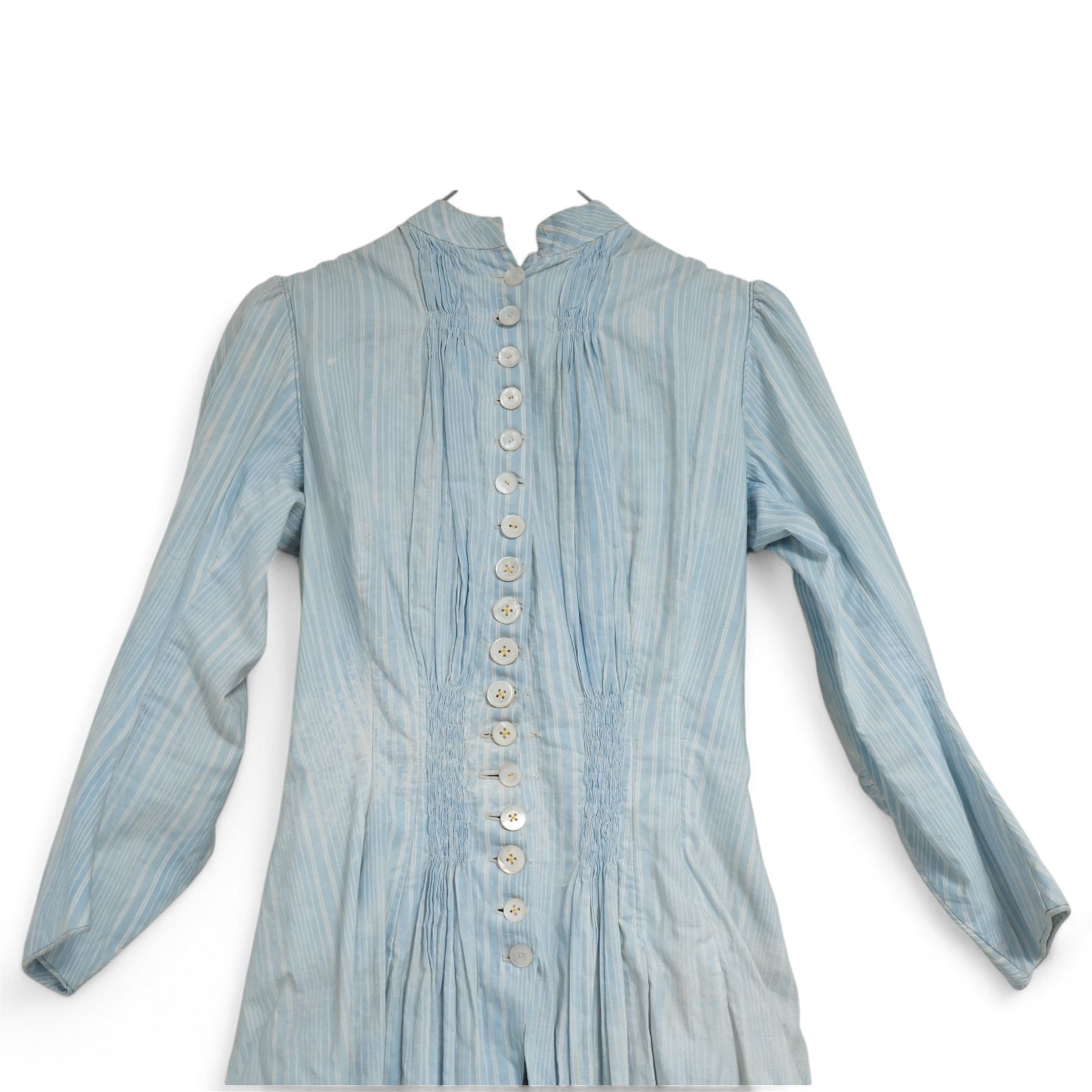 Victorian ladies button-down bodice and skirt, in blue and white striped fabric with pleated detailing, the skirt with gathered bustle back