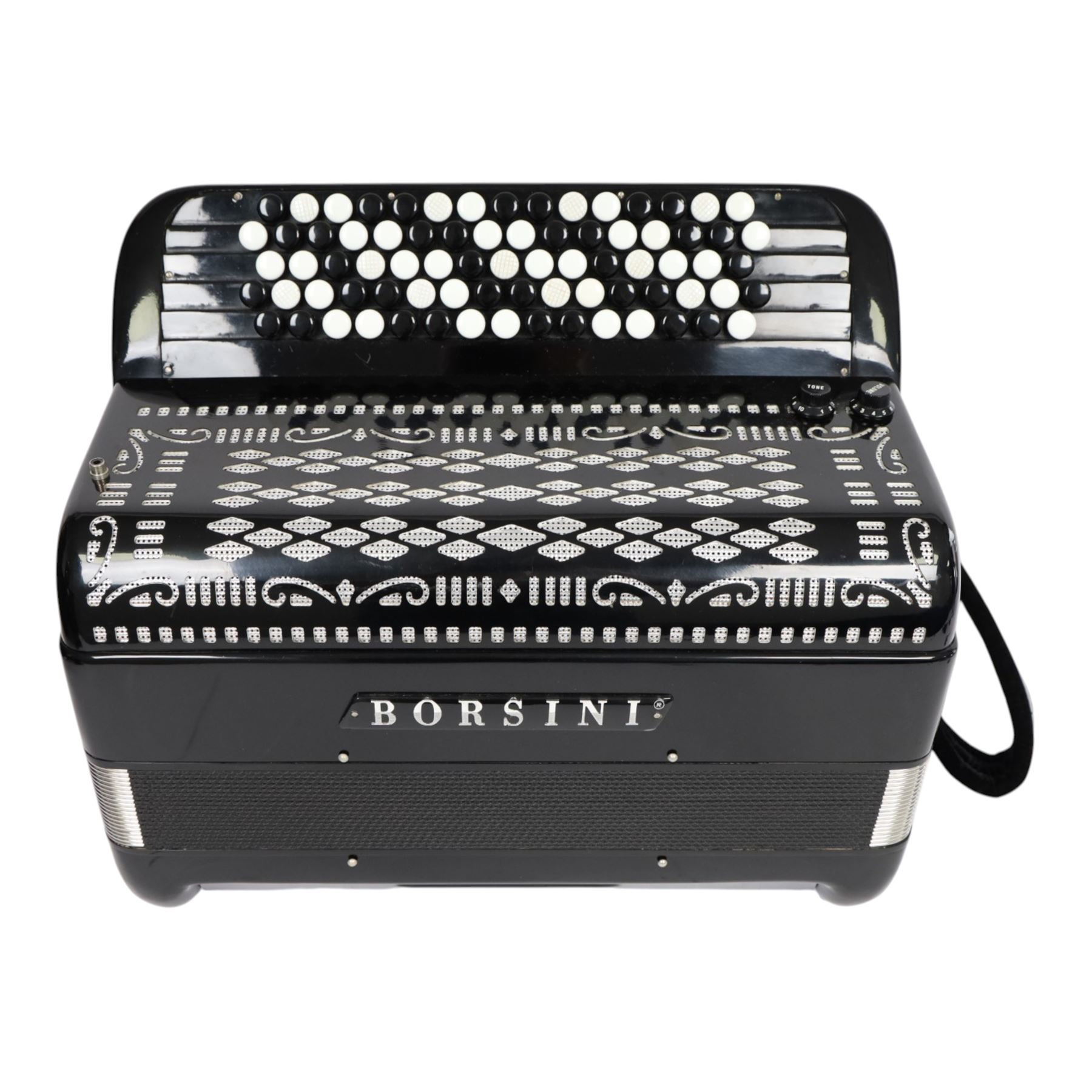 Borsini 5-row basso chromatic button accordion, with 77-black and white buttons, in black high gloss case, with carry strap and original hard carrycase