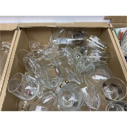 Large quantity of glassware to include Dartington decanter, boxed Caithness Maydance paperweight, mid-century drinking glasses, Murano style figure of a bird, cranberry glass etc