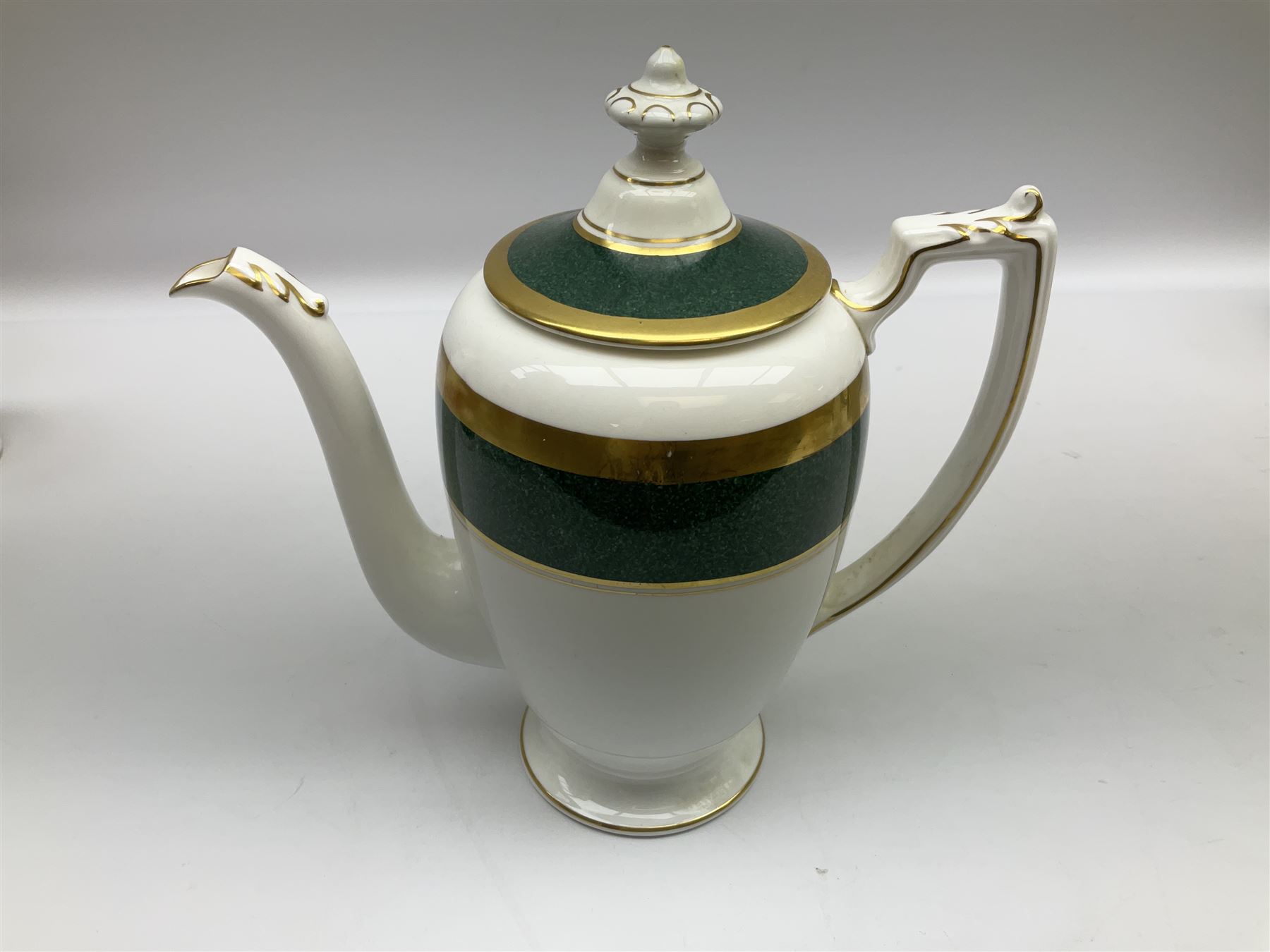 Coalport Athlone Green pattern tea wares, comprising coffee pot, seven coffee cans and saucers, milk jug, open sucrier, six tea cups and saucers, and six twin handled cups and saucers (42) 