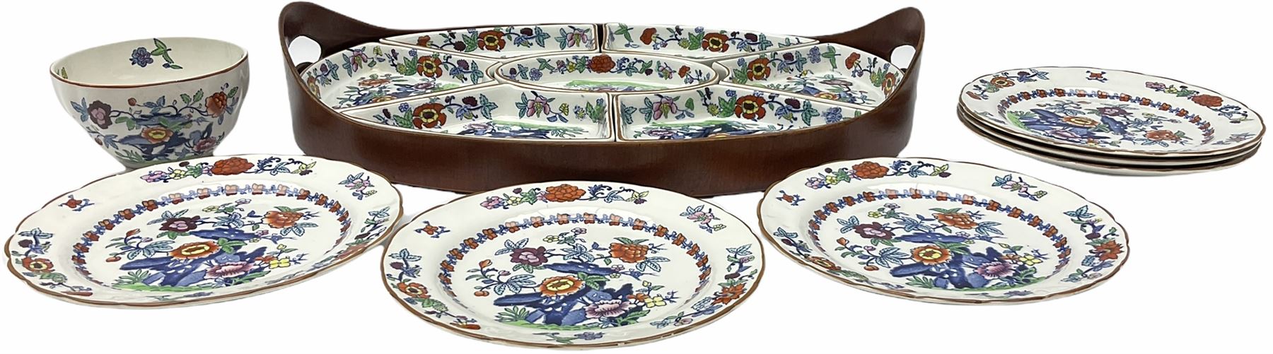 Booths Hors d'Oeuvres or supper set decorated in the Pompadour pattern, comprising seven dishes upon wooden tray L42.5cm, together with a bowl, D11.5cm, and six side plates, D19cm. 