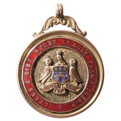 9ct rose gold enamelled 'Leeds & Dist Rugby League Championship' fob medallion, Birmingham 1928