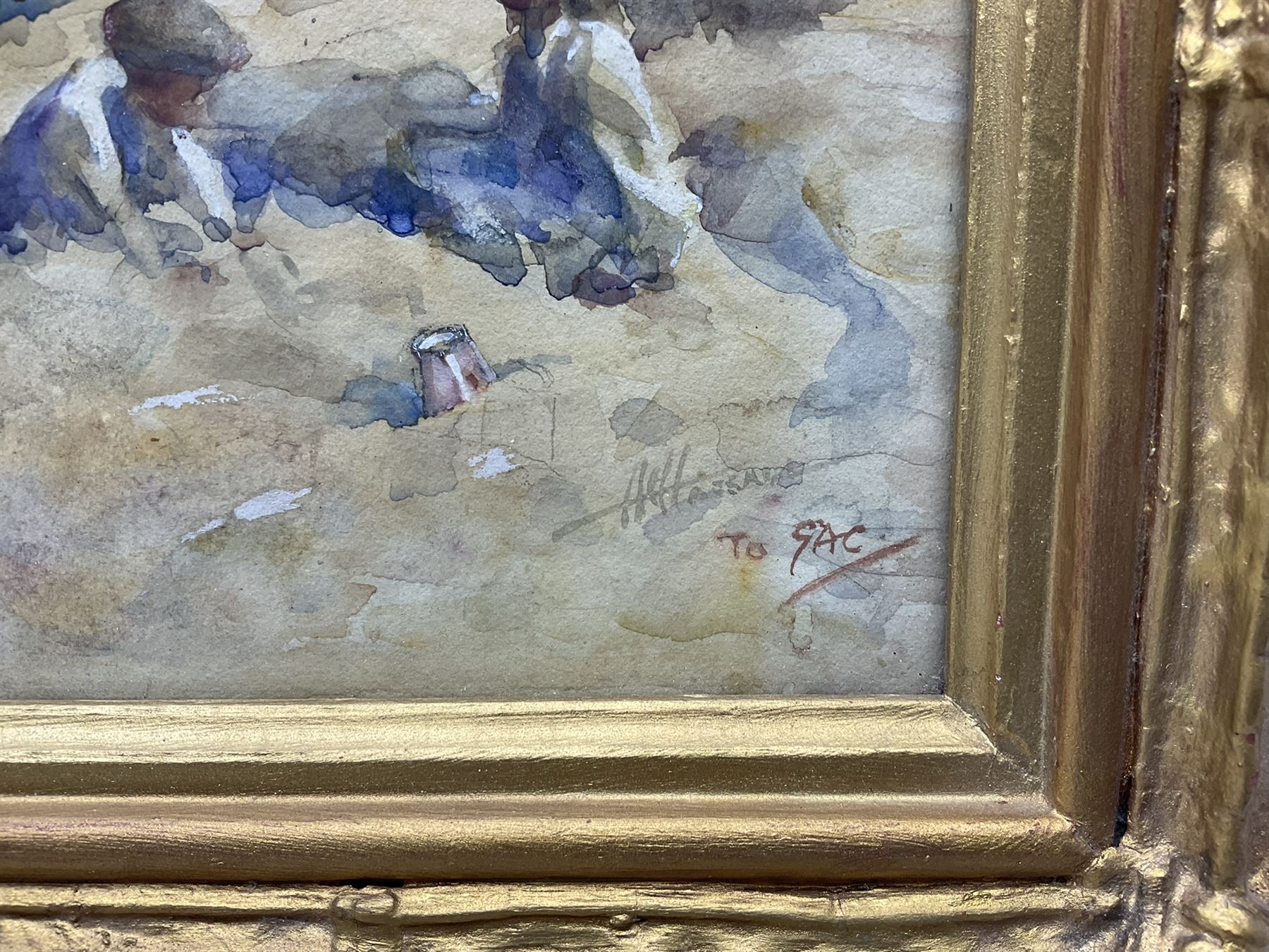Hilary Clements Hassell (British 1871-1949): Children Playing on Tate Hill Sands Whitby, watercolour heightened in white signed and dedicated 'To GAC', 26cm x 34cm
Notes: although most of Hassell's recorded works are continental scenes he is listed as living in Riding Mill, Northumberland in 1911 before moving to London. Hassell was a good friend of the renowned Occultist Aleister Crowley 