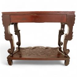 Chinese stained hardwood side table, late Qing dynasty style, with shaped top above a pierced and carved frieze of foliage and fruiting vines, cabriole legs terminating in scroll feet, united by a carved shaped undertier