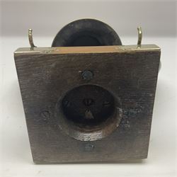 Early 20th century oak and horn dinner bell, the silvered bell suspended from a pair of cow horns, with silver plated mounts and blank shield shaped cartouche, upon square base, H37cm