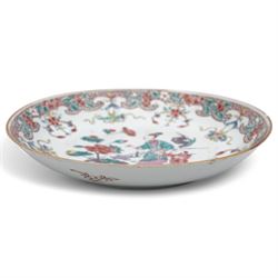 Chinese famille rose bowl, possibly Yongzheng period, decorated with mother and child, with enamelled floral decoration and foliate boarder, D22cm 